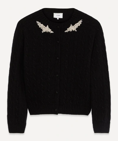 Erdem Imitation Pearl Beaded Cable Knit Cashmere Cardigan In Black