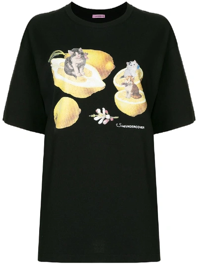 Undercover Lemon Cat Print T-shirt In Black