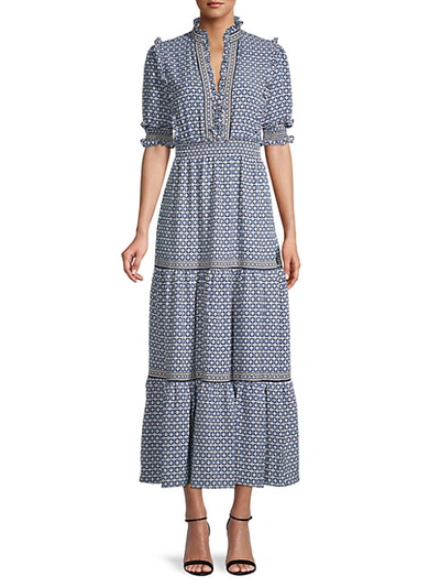 Max Studio Printed Tiered Maxi Dress In Chambray