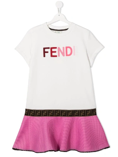 Fendi Kids' Logo棉质氯丁橡胶连衣裙 In Cream