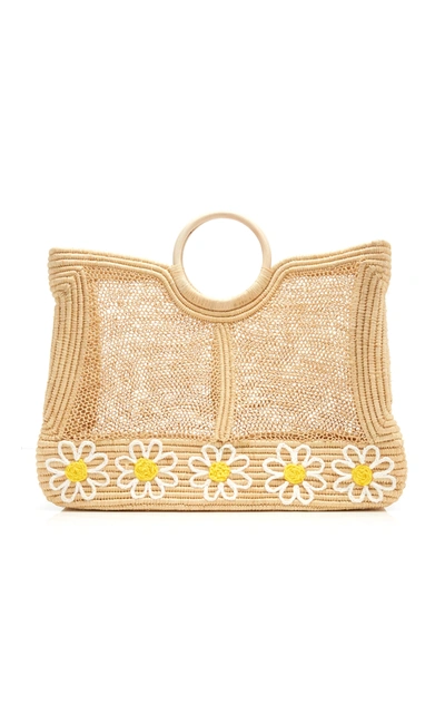 Poolside Lace Embroidered Woven Raffia Tote In Ivory