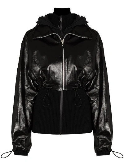 Bottega Veneta Hooded Layered Glossed-leather And Ribbed-knit Jacket In Black