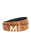 Mcm Visetos Engraved Logo Buckle Reversible Belt In Cognac & Gold