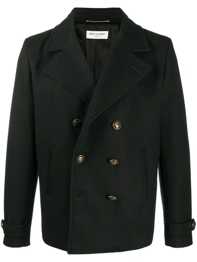 Saint Laurent Peak Labels Double-breasted Coat In Black