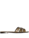 Saint Laurent Woven Leather Flat Slide Sandals In Green