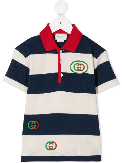 Gucci Babies' Embroidered Logo Striped Polo Shirt In White ,blue