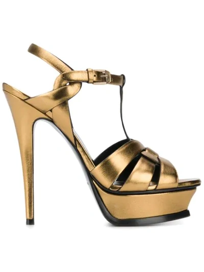 Saint Laurent Tribute Metallic Leather Platform Sandals In Gold
