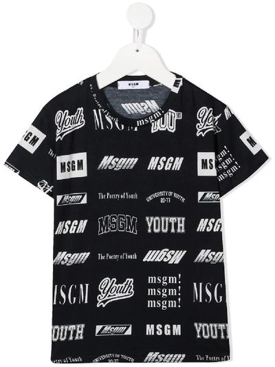Msgm Kids' All Over Logo Print T-shirt In Blue
