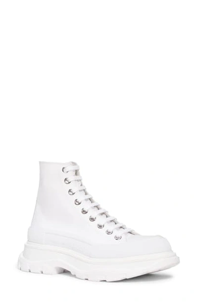 Alexander Mcqueen Tread Slick Canvas And Rubber Exaggerated-sole Ankle Boots In White Silver