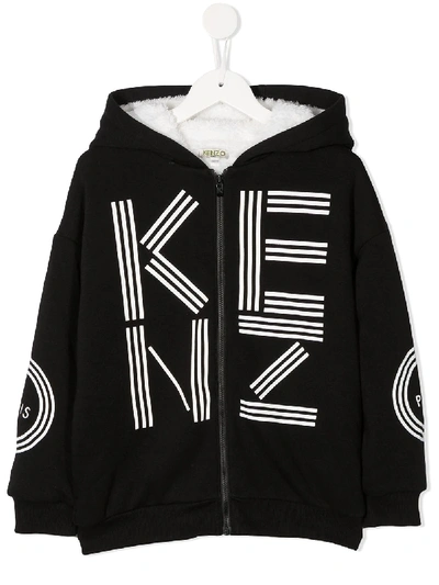 Kenzo Kids' Logo Print Zipped Hoodie In Black