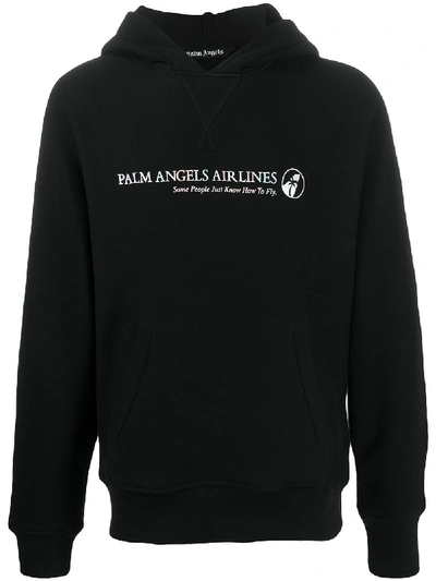 Palm Angels Palm Airlines Print Cotton Jersey Hoodie In Black