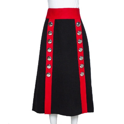 Pre-owned Dolce & Gabbana Black And Red Stretch Wool Button Detail Midi Skirt S