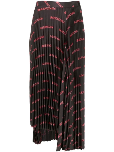 Balenciaga Red And Black Asymmetric Logo Print Silk Midi Skirt