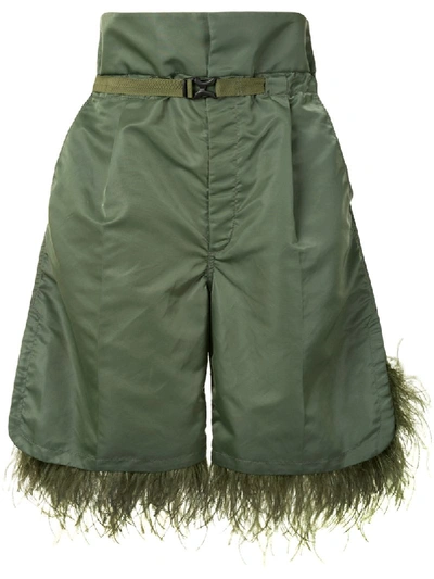 Toga Feather Trimmed Knee-length Shorts In Green