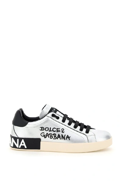 Dolce & Gabbana Portofino Sneakers In Silver Leather