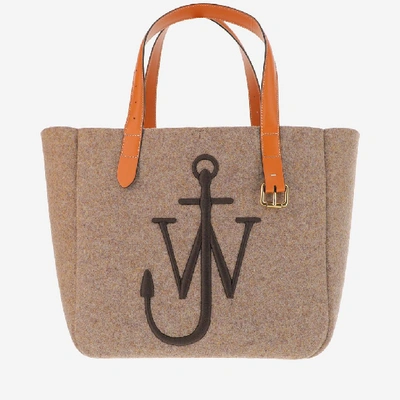 Jw Anderson Belt Medium Embroidered Leather-trimmed Felt Tote In Taupe
