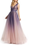 Mac Duggal Purple Ombre Tulle Ball Gown In Indigo Ombre