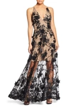 Dress The Population Sidney Deep V-neck 3d Lace Gown In Black/nude