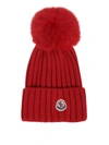 Moncler Rib Virgin Wool Beanie With Genuine Fox Fur Pom In Red