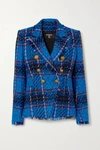 BALMAIN DOUBLE-BREASTED FRAYED CHECKED TWEED BLAZER