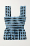 GANNI SMOCKED CHECKED COTTON AND SILK-BLEND PEPLUM TOP