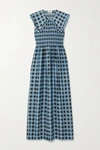 GANNI SMOCKED CHECKED COTTON AND SILK-BLEND MAXI DRESS