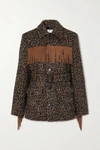 Saint Laurent Belted Fringed Leopard Wool-blend Jacquard Jacket In Brown