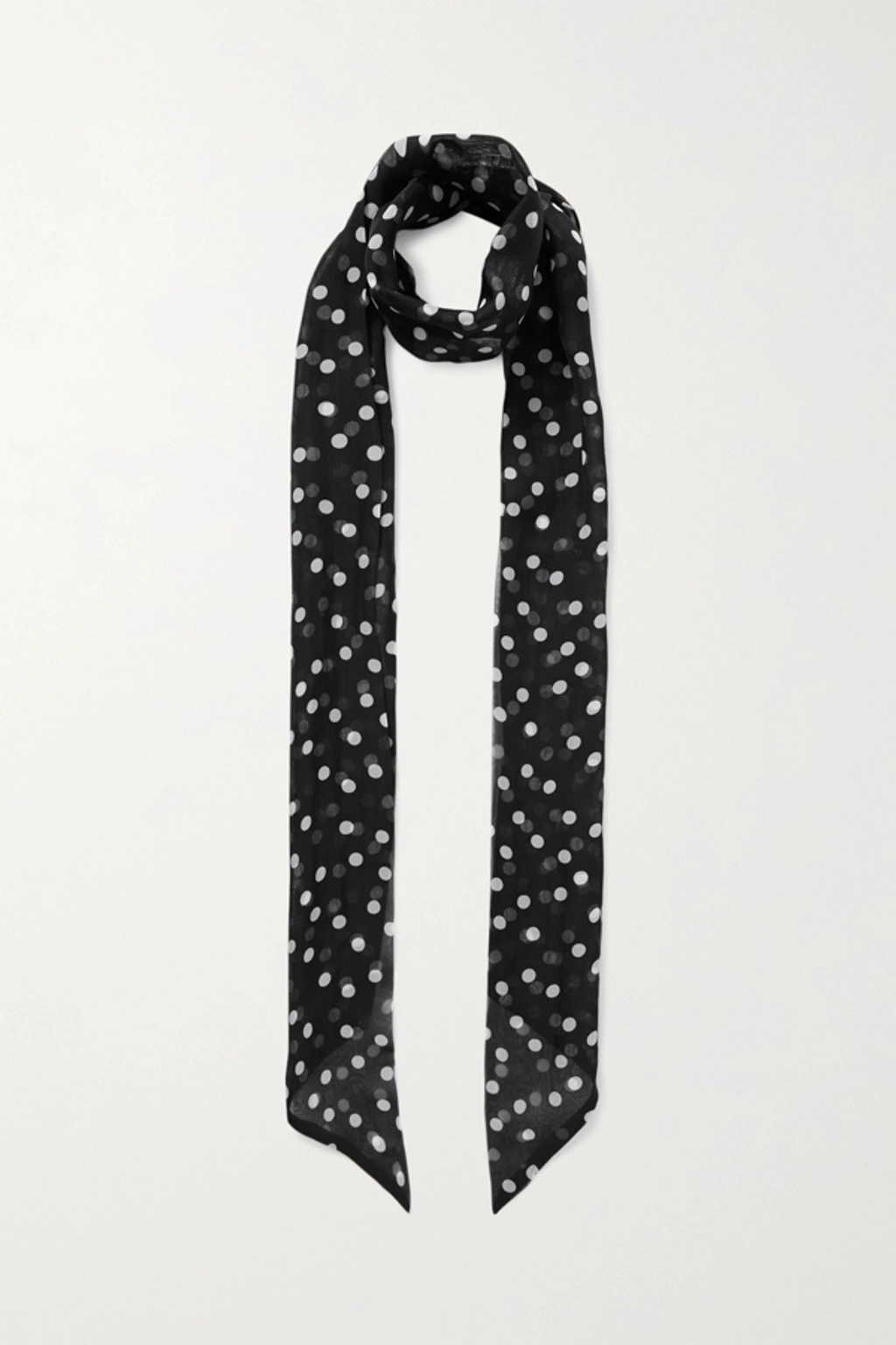 Saint Laurent Twilly Dot-print Skinny Silk Scarf In Black/ivory