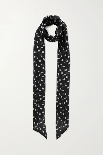 Saint Laurent Twilly Dot-print Skinny Silk Scarf In Black/ivory