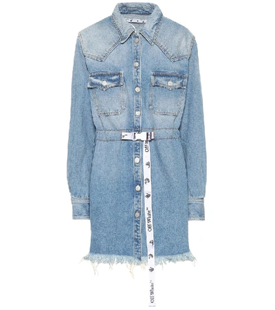 Off-white Logo Embroidered Belted Denim Mini Shirtdress In Blue