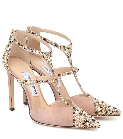 Jimmy Choo Saoni 100 Suede Crystal And Pearl Embellished Pumps In Pink