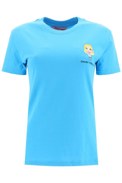 Chiara Ferragni Cotton T-shirt With Cfmascotte Embroidery In Light Blue