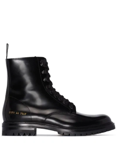 Common Projects Lug Sole Leather Combat Boots In Black
