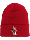 Moncler Embroidered-logo Knitted Beanie In Red