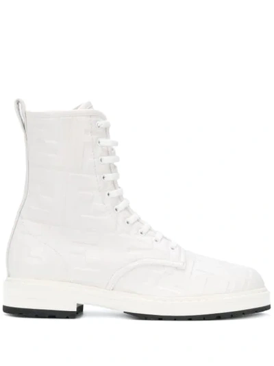 Fendi Ff Logo Leather Combat Booties In White