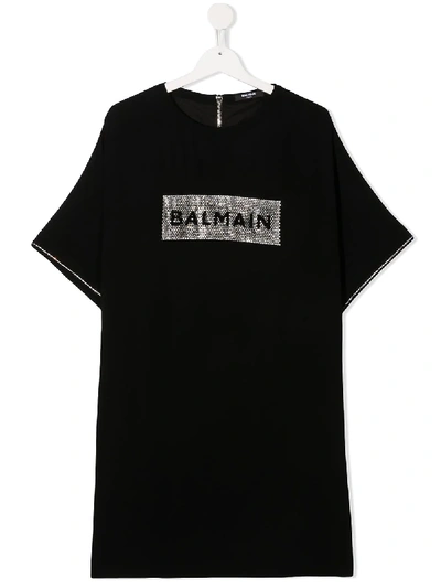 Balmain Teen Rhinestone-embellished Logo T-shirt Dress In Black