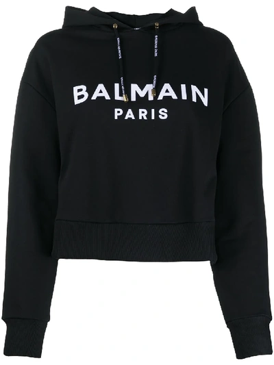 Balmain Logo印花短款连帽衫 In Black