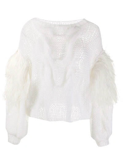 Loewe Feather-trimmed Cable-knit Mohair-blend Sweater In White