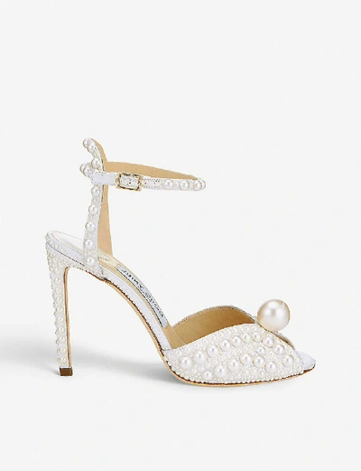 Jimmy Choo Sacora 100 Faux Pearl-embellished Satin Sandals In Browns