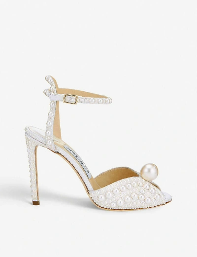 JIMMY CHOO SACORA 100 PEARL-EMBELLISHED SATIN SANDALS,52869571