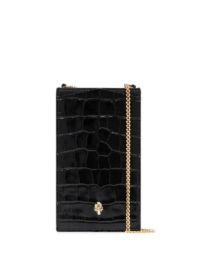 Alexander Mcqueen Skull-plaque Crocodile-effect Phone Pouch 16x9.5cm In Black