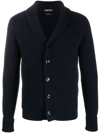 Tom Ford Shawl-collar Ribbed Merino Wool Cardigan In Blue