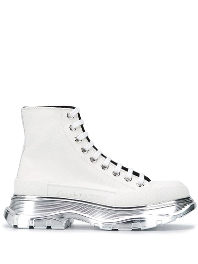 Alexander Mcqueen Silver-sole Lace-front Boots In White