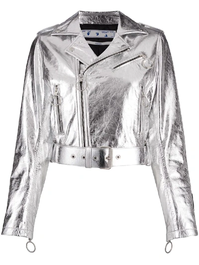 Off-white Metallic Leather Biker Jacket In Silver