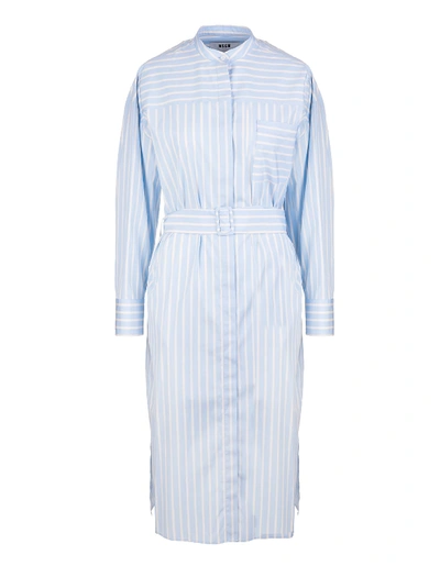 Msgm White And Blue Striped Midi Shirt Dress In Bianco/celeste