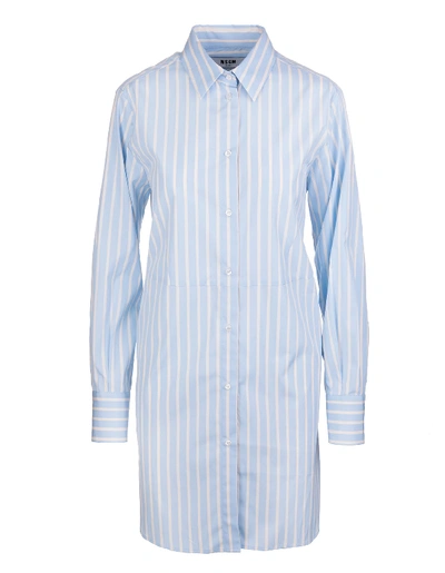 Msgm White And Blue Striped Midi Shirt Dress In Bianco/celeste