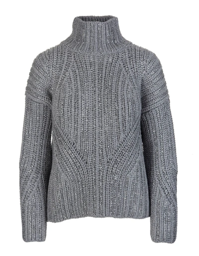 Ermanno Scervino Grey High Collar Sweater With Crystals In Fumo