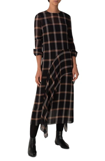 Akris Punto Windowpane Check Long Sleeve Midi Dress In Black Tata