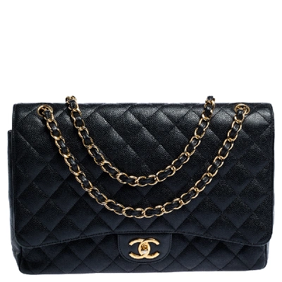 Pre-owned Chanel Black Quilted Caviar Leather Maxi Classic Double Flap Bag
