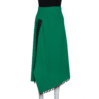 Pre-owned Roland Mouret Green Wool Crepe Fringed Asymmetric Skirt M